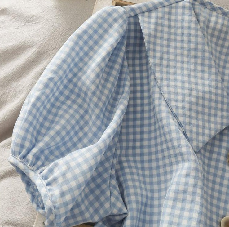 Collared Plaid Blouse With Back Bow And Puff Sleeves