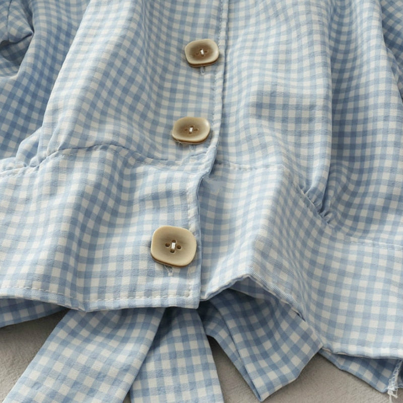 Collared Plaid Blouse With Back Bow And Puff Sleeves
