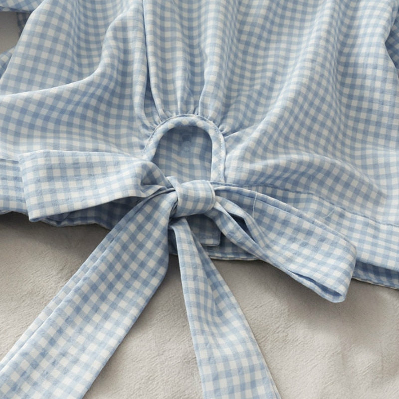 Collared Plaid Blouse With Back Bow And Puff Sleeves