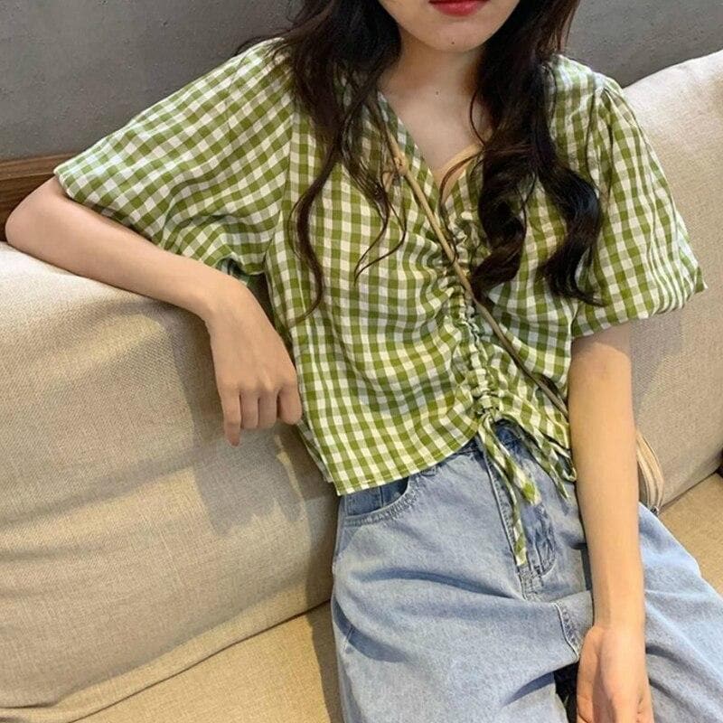Checkered Blouse With V-Neck And Adjustable Length