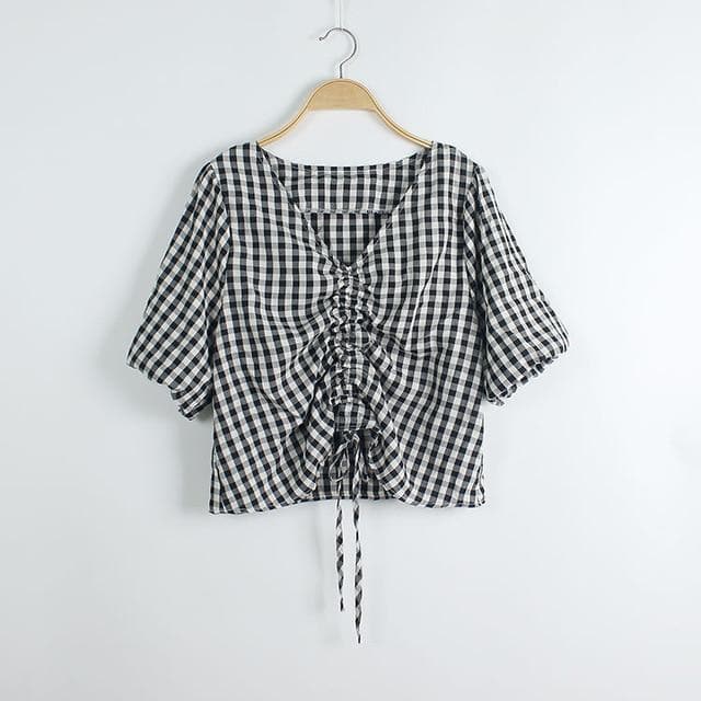Checkered Blouse With V-Neck And Adjustable Length