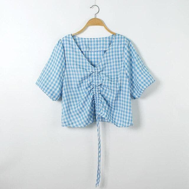 Checkered Blouse With V-Neck And Adjustable Length