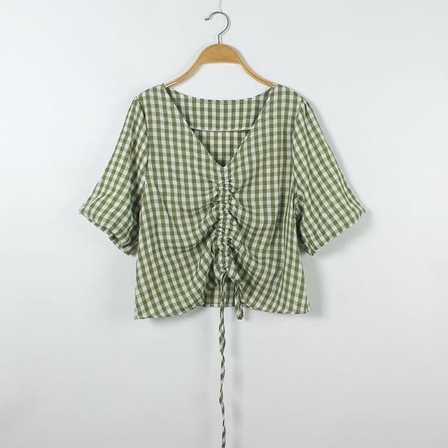 Checkered Blouse With V-Neck And Adjustable Length