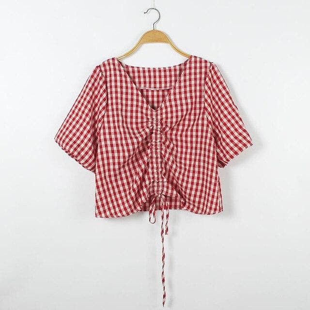 Checkered Blouse With V-Neck And Adjustable Length