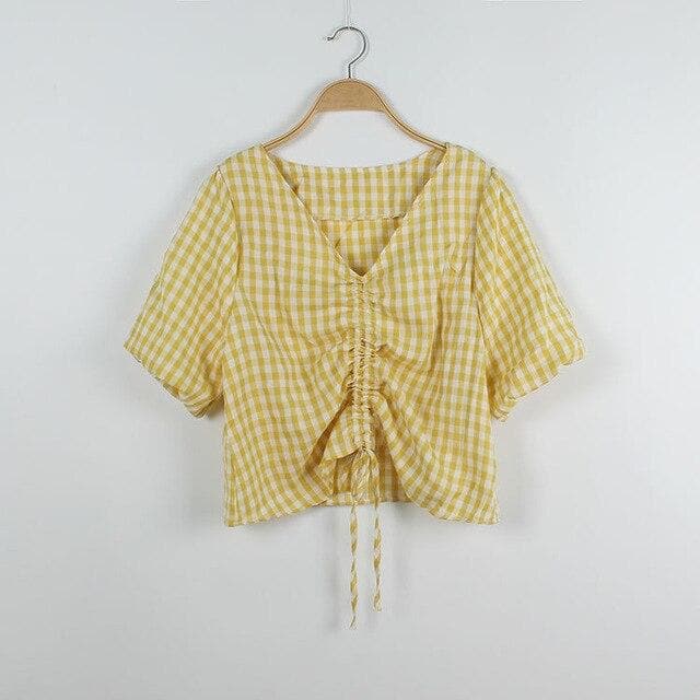Checkered Blouse With V-Neck And Adjustable Length