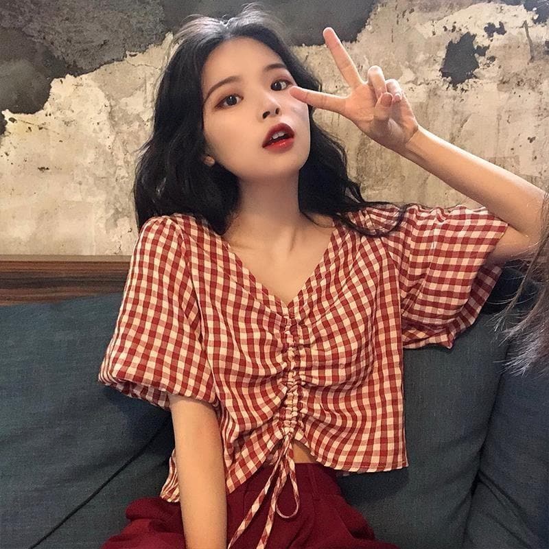 Checkered Blouse With V-Neck And Adjustable Length
