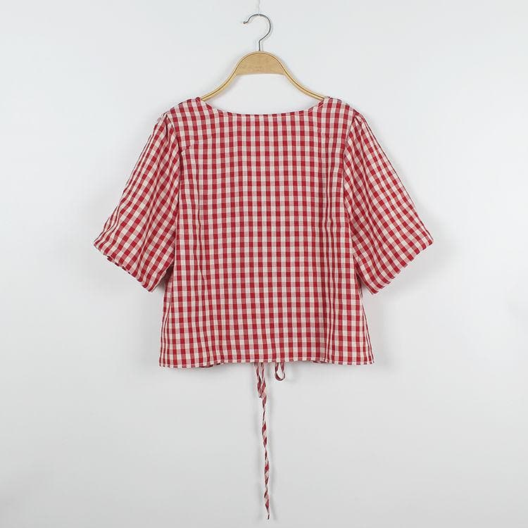 Checkered Blouse With V-Neck And Adjustable Length