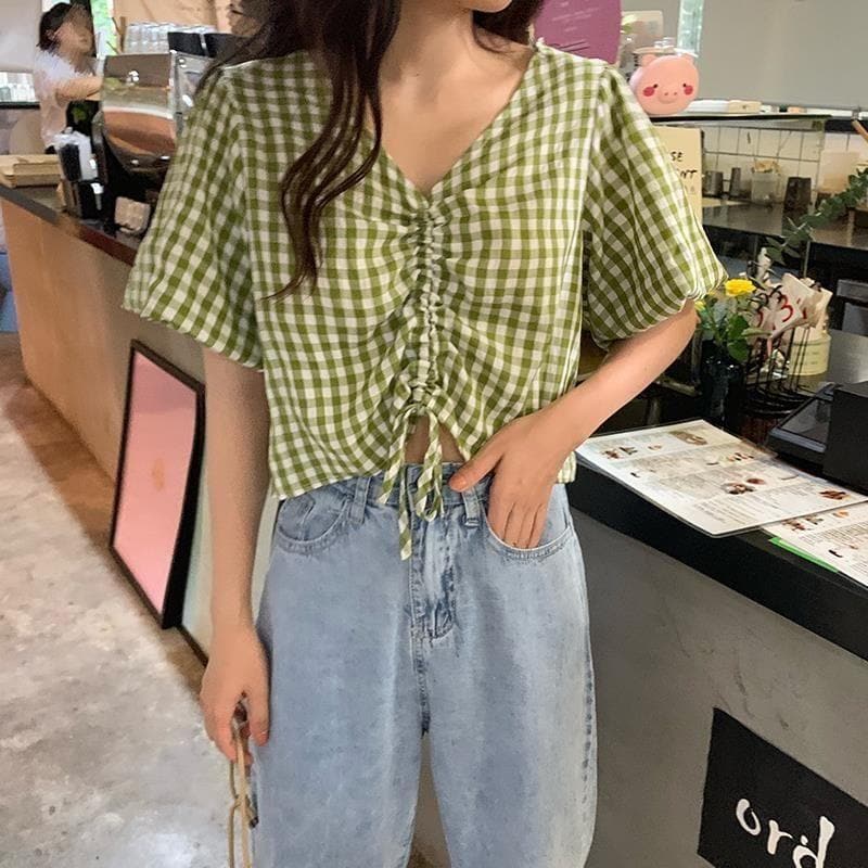 Checkered Blouse With V-Neck And Adjustable Length
