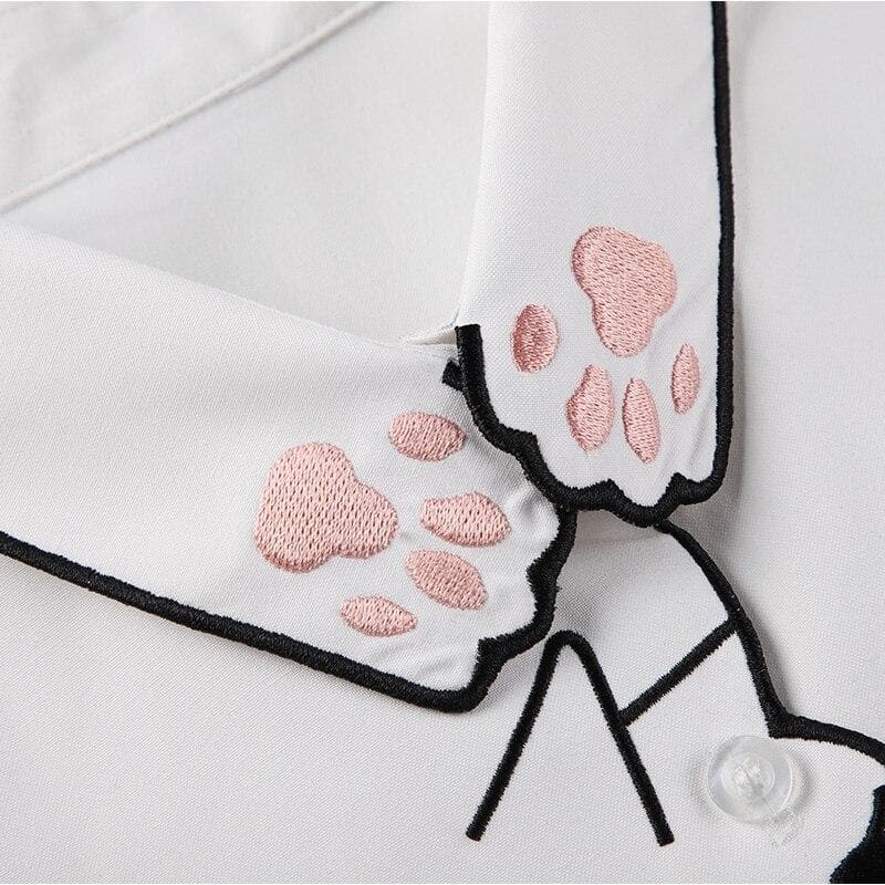 Collared Blouse With Cat Embroidery