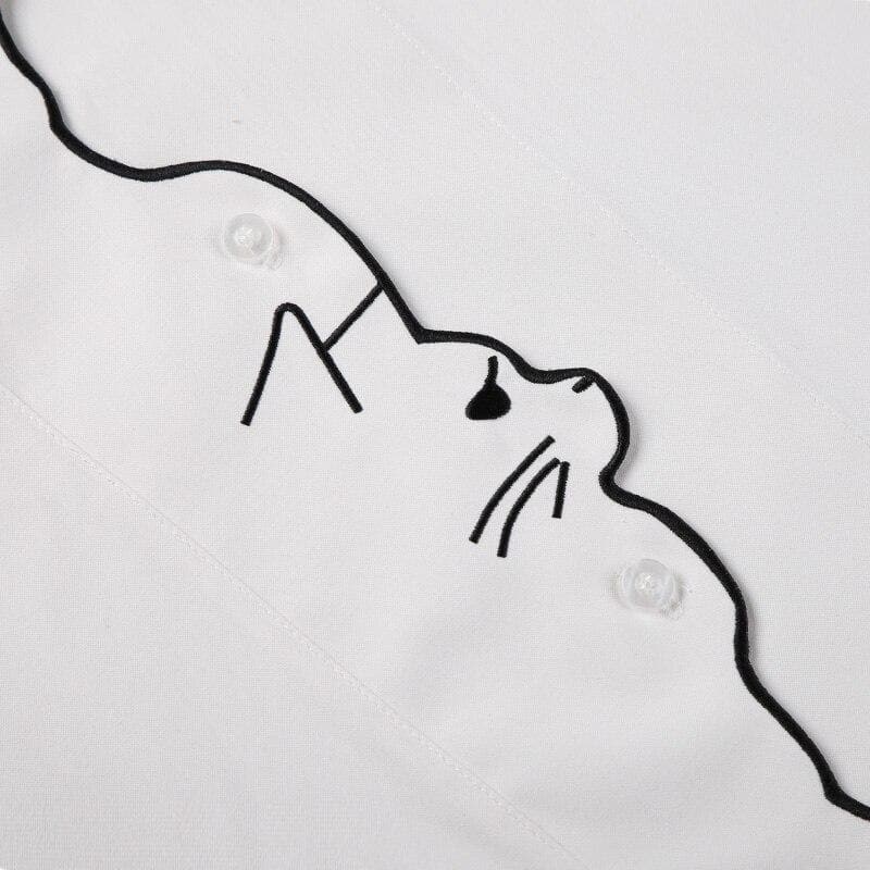 Collared Blouse With Cat Embroidery