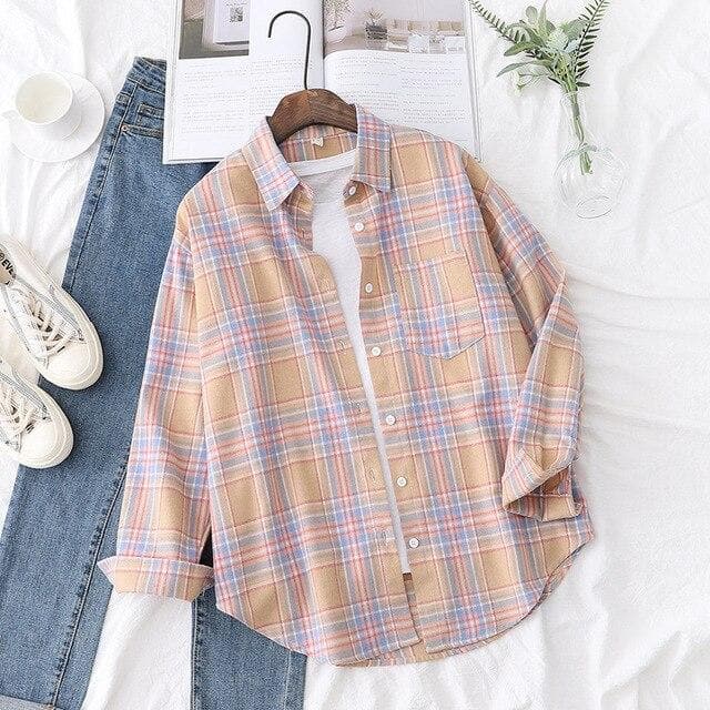 Pastel Checkered Button-Down Blouse