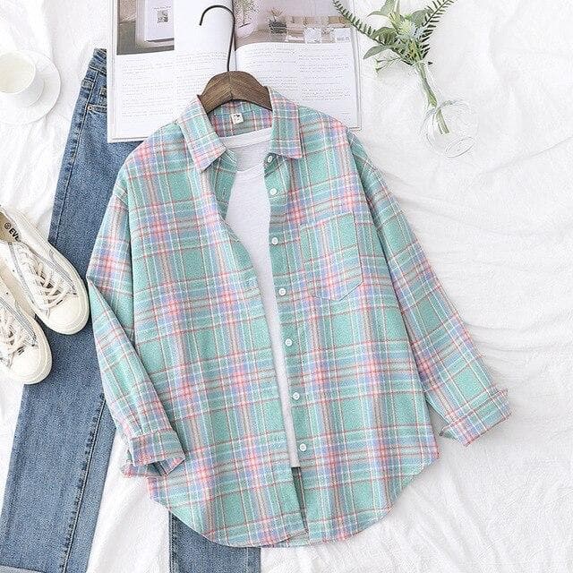 Pastel Checkered Button-Down Blouse