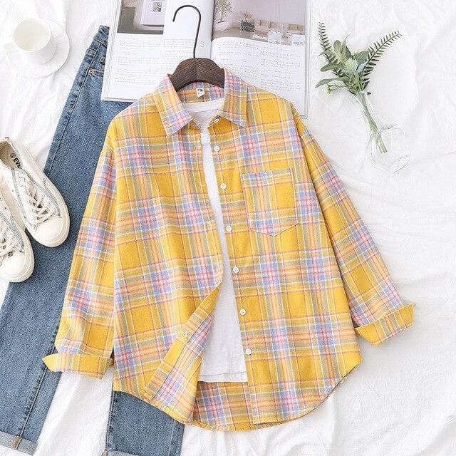 Pastel Checkered Button-Down Blouse