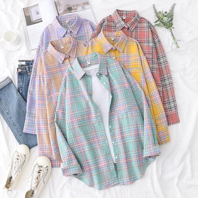 Pastel Checkered Button-Down Blouse