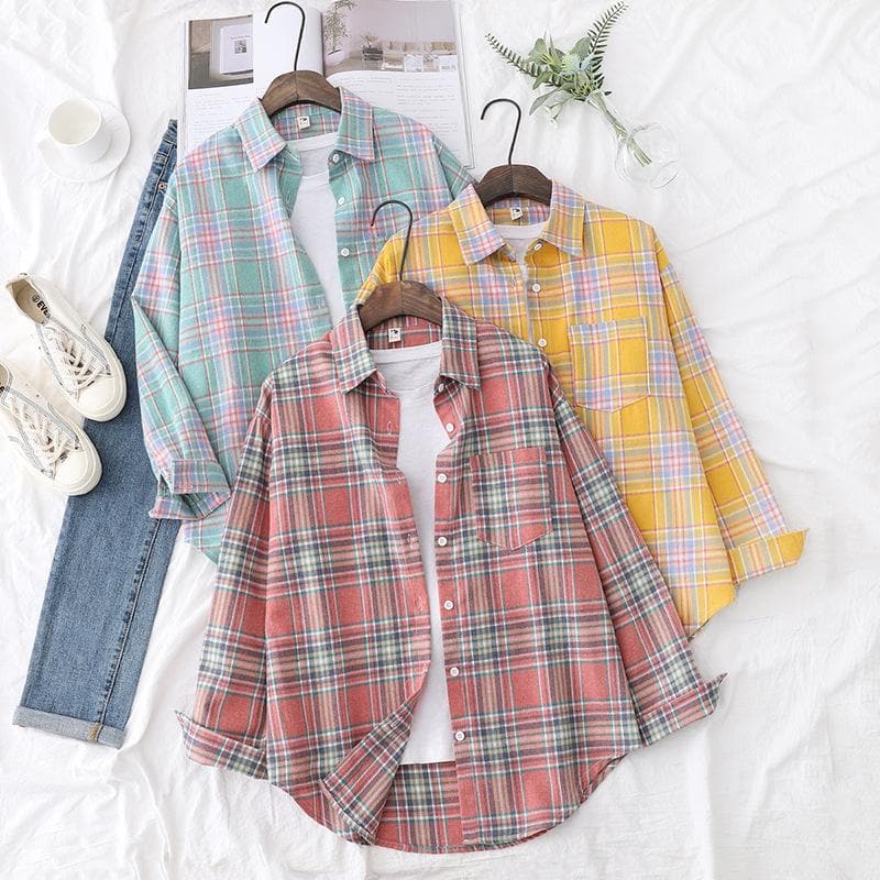 Pastel Checkered Button-Down Blouse