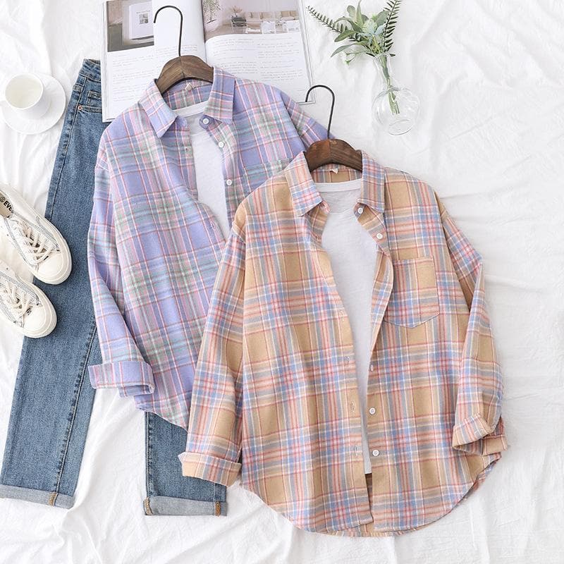 Pastel Checkered Button-Down Blouse
