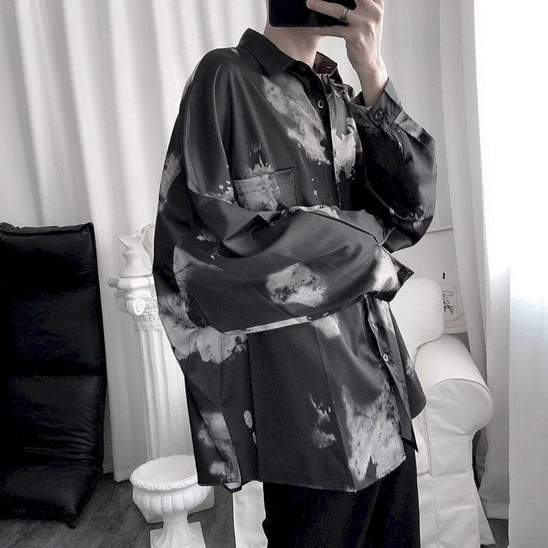 Button-Down Blouse With White Color Splash Print And Chest Pocket