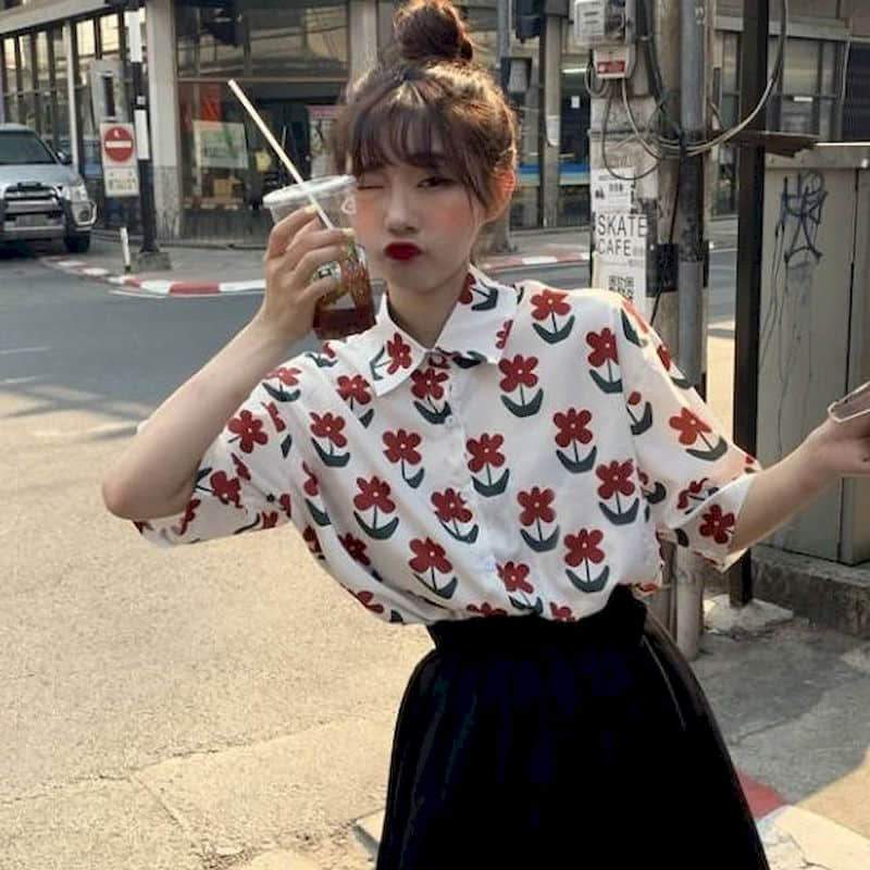Button-Down Blouse With Short Sleeves And Floral Print