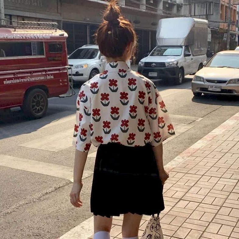 Button-Down Blouse With Short Sleeves And Floral Print