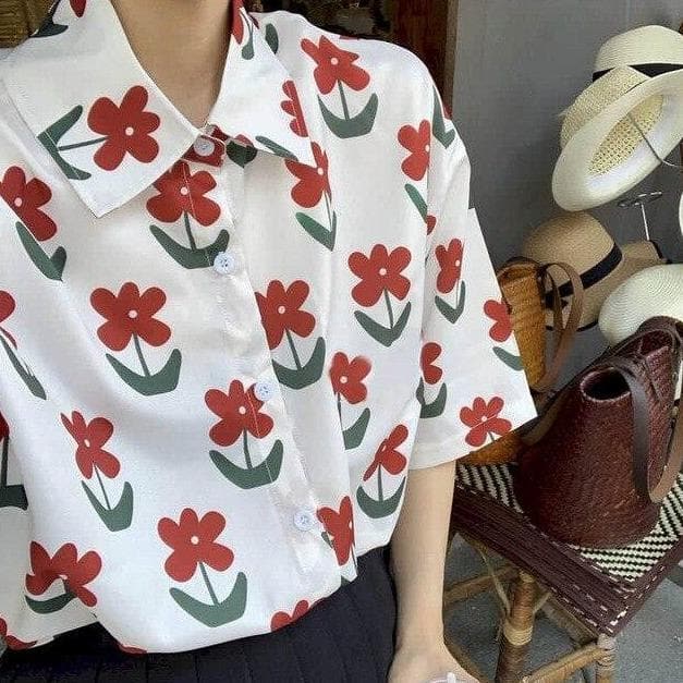 Button-Down Blouse With Short Sleeves And Floral Print