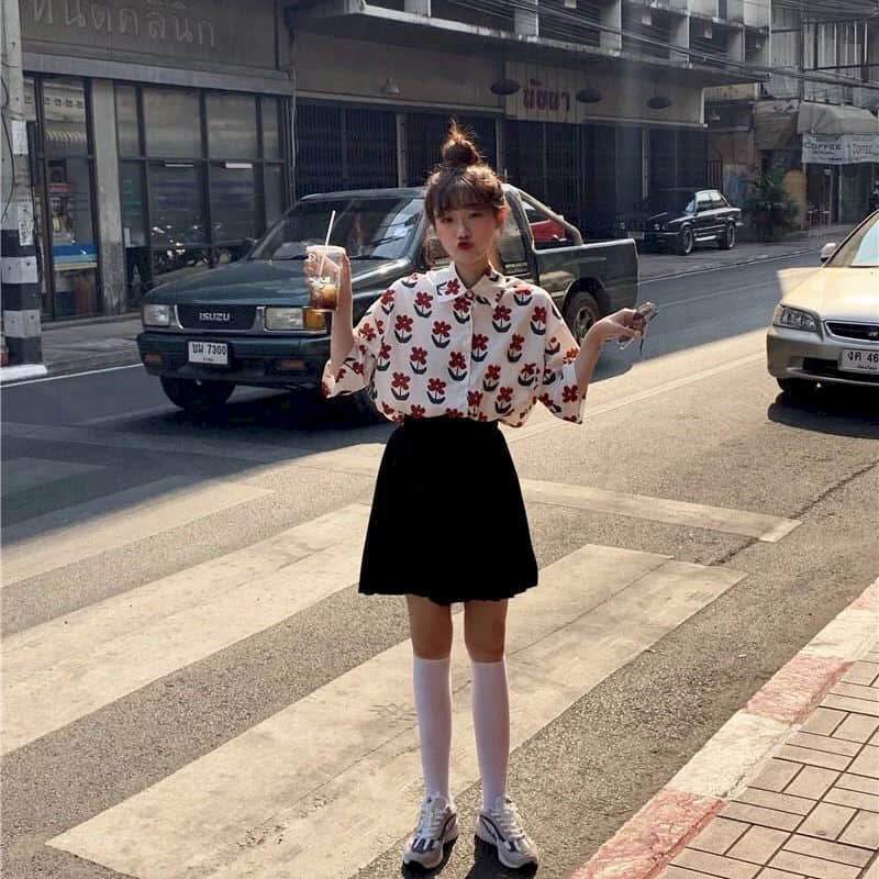 Button-Down Blouse With Short Sleeves And Floral Print