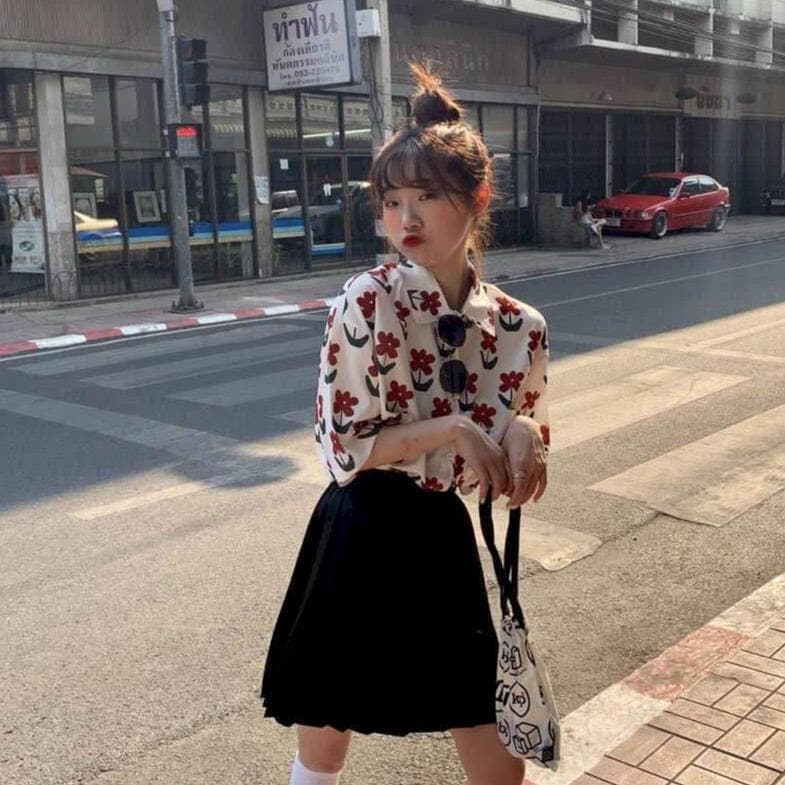 Button-Down Blouse With Short Sleeves And Floral Print