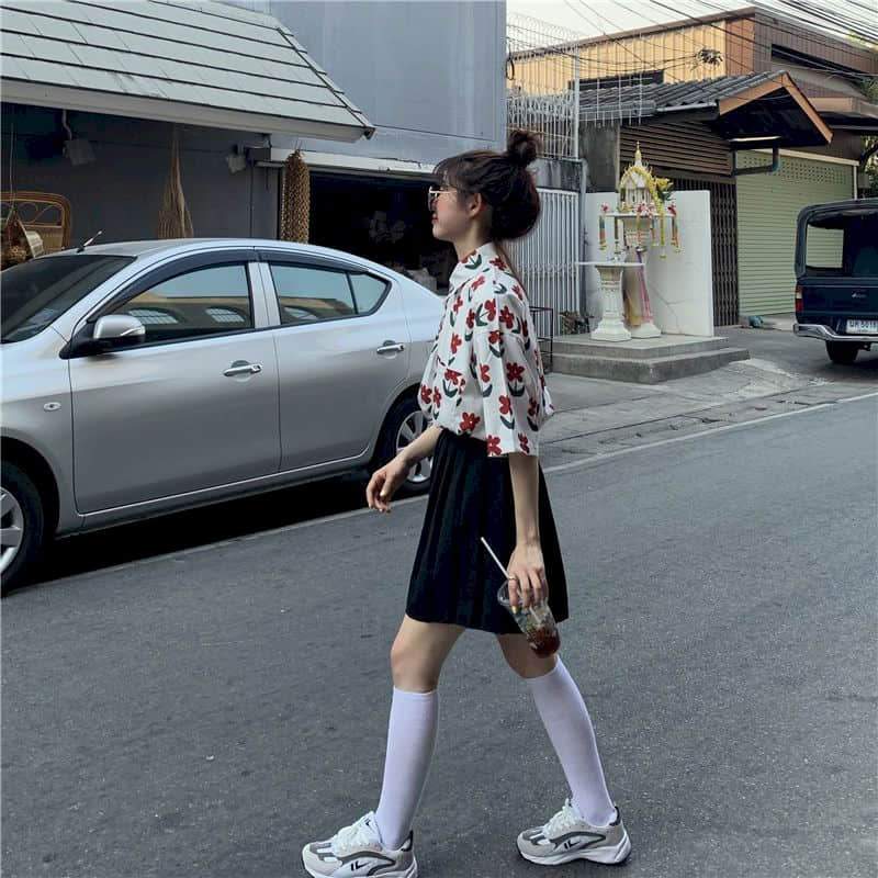 Button-Down Blouse With Short Sleeves And Floral Print