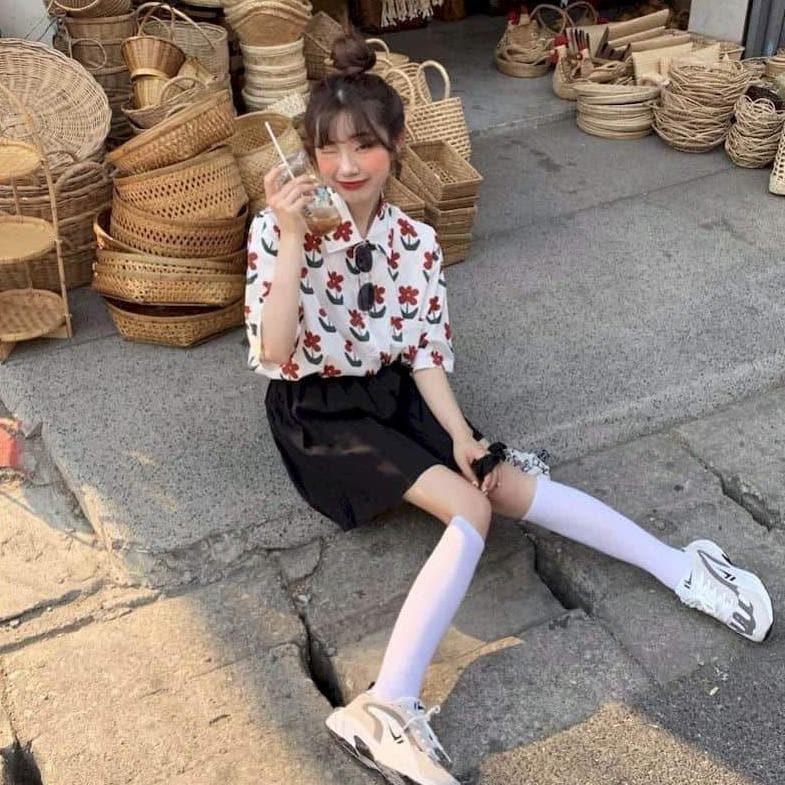 Button-Down Blouse With Short Sleeves And Floral Print