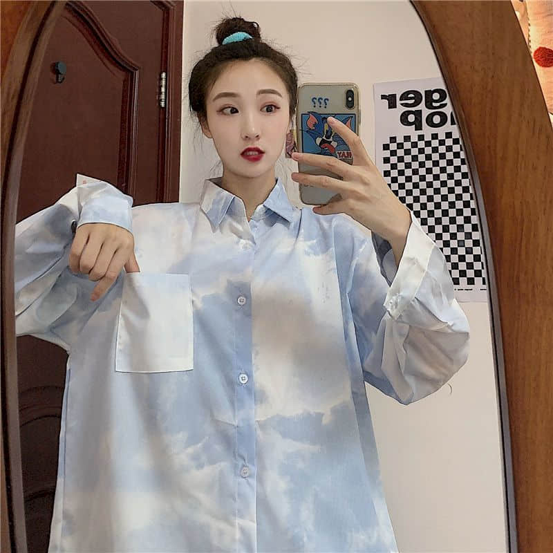 Collared Tie Dye Cloud Shirt With Pocket