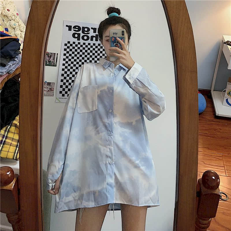 Collared Tie Dye Cloud Shirt With Pocket