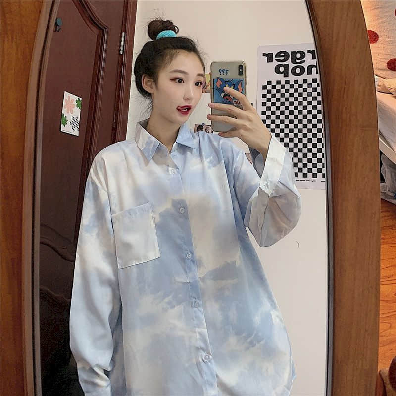 Collared Tie Dye Cloud Shirt With Pocket
