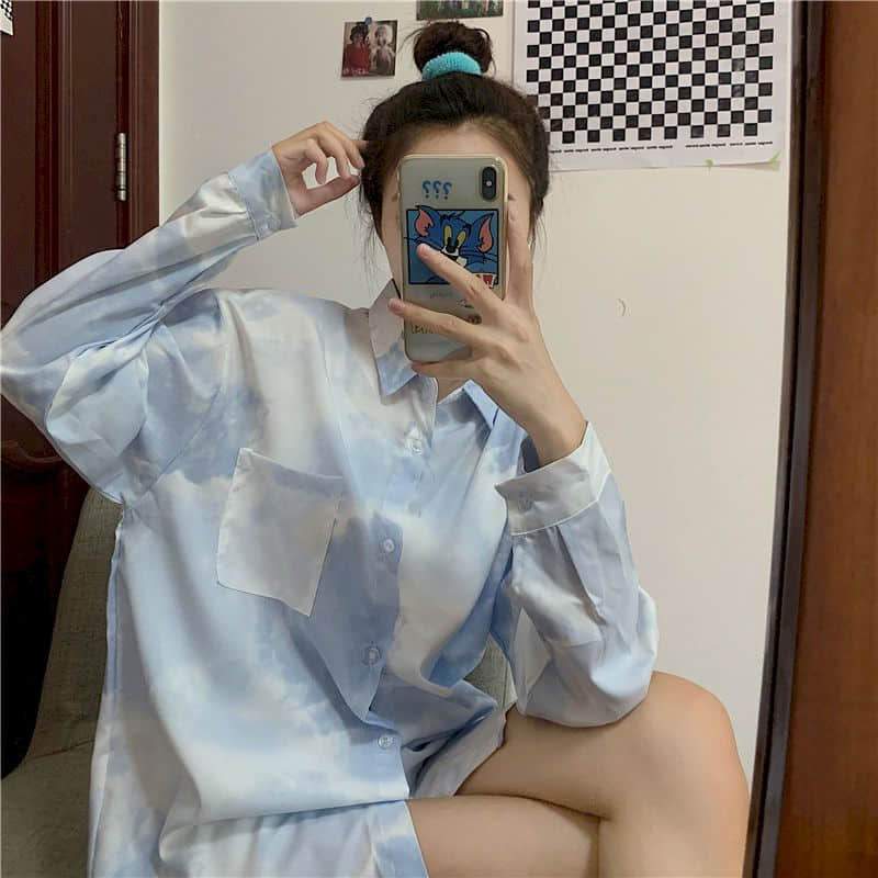 Collared Tie Dye Cloud Shirt With Pocket