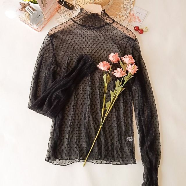 Transparent Blouse With Polka Dots And Flared Sleeves