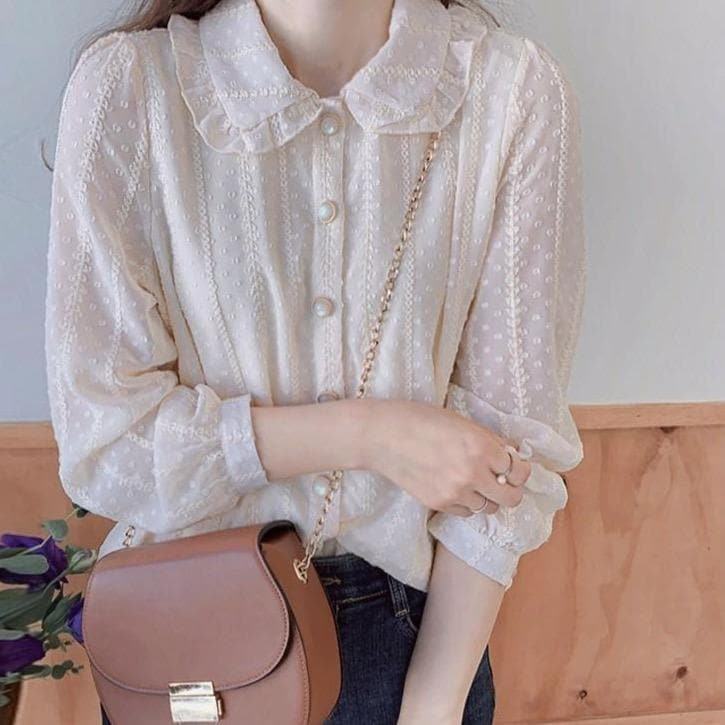 Buttoned Chiffon Blouse With Ruffled Collar and Cuffed Sleeves