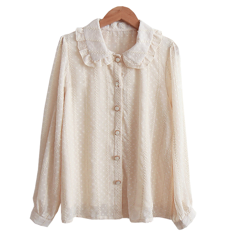 Buttoned Chiffon Blouse With Ruffled Collar and Cuffed Sleeves