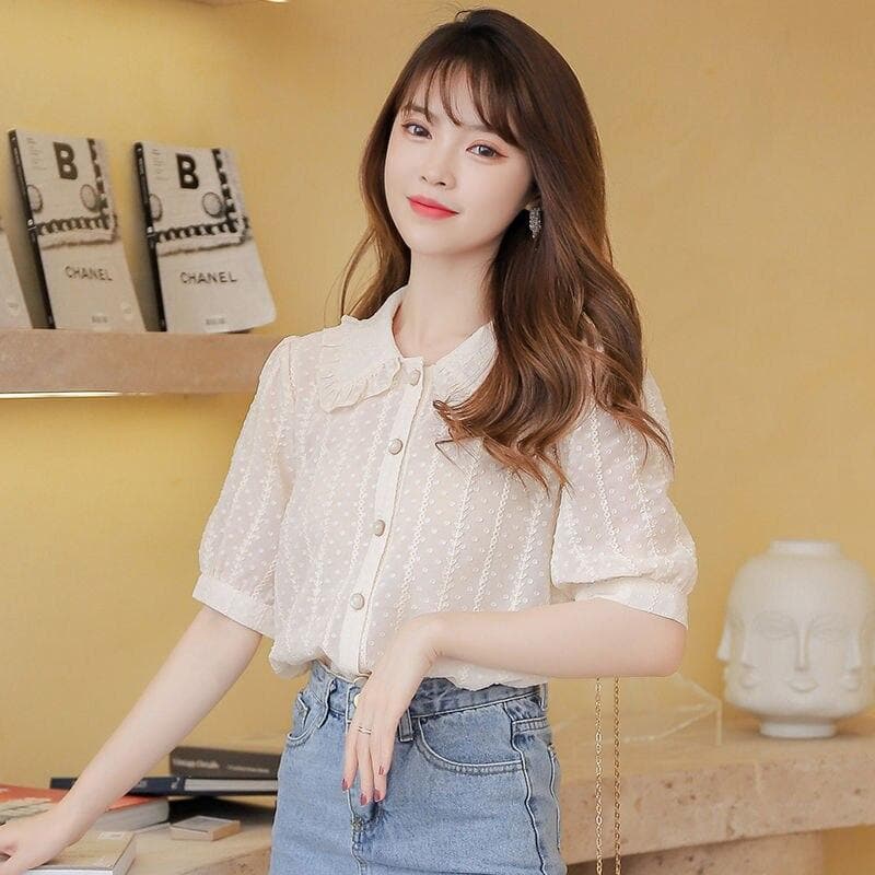 Buttoned Chiffon Blouse With Ruffled Collar and Cuffed Sleeves