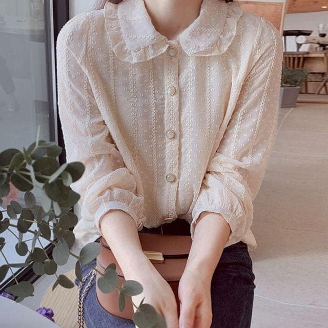 Buttoned Chiffon Blouse With Ruffled Collar and Cuffed Sleeves