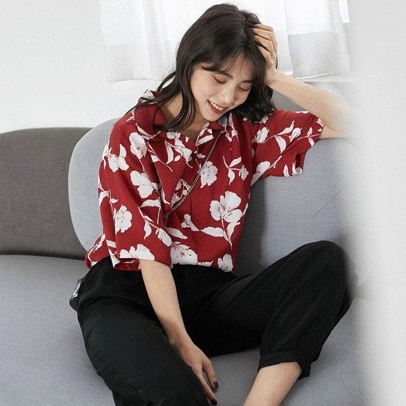 Shortsleeved Button-Down Shirt With Floral Print