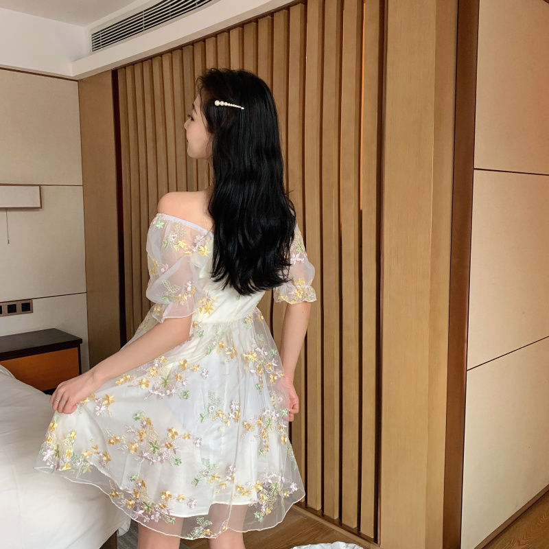 Puffy Off-The-Shoulder Dress/Blouse With Floral Mesh Layer