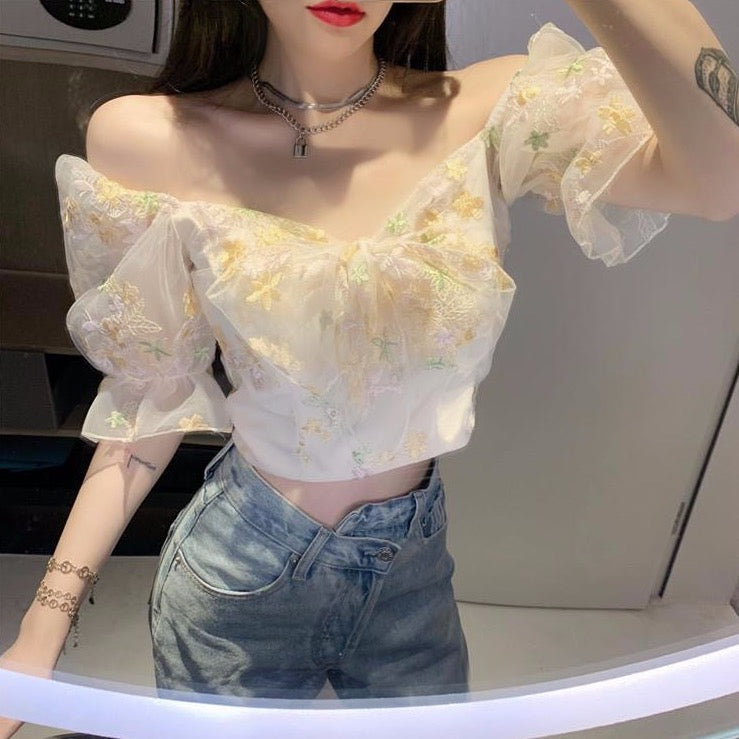 Puffy Off-The-Shoulder Dress/Blouse With Floral Mesh Layer