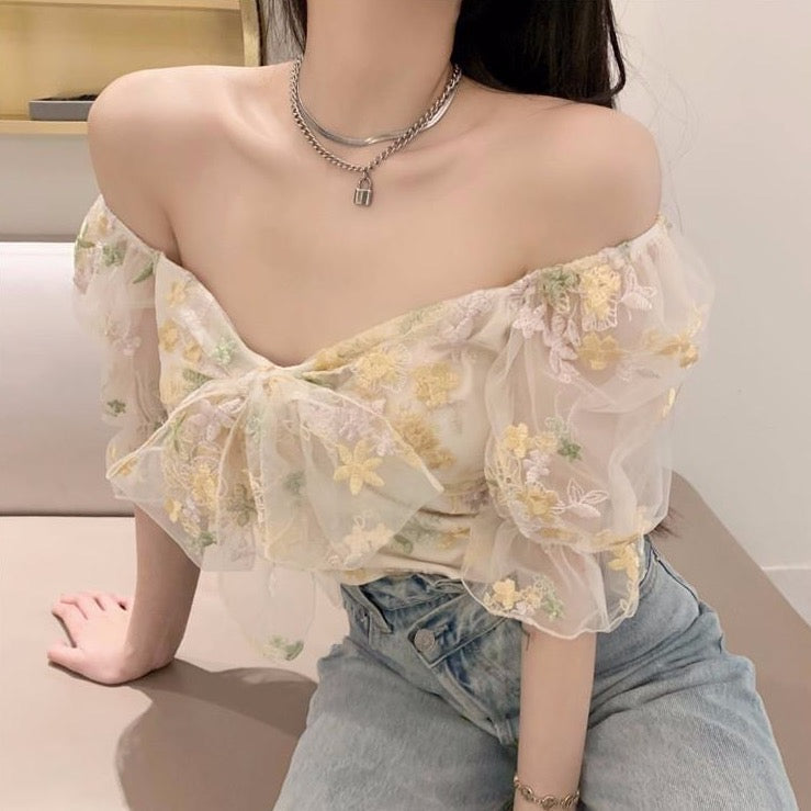 Puffy Off-The-Shoulder Dress/Blouse With Floral Mesh Layer