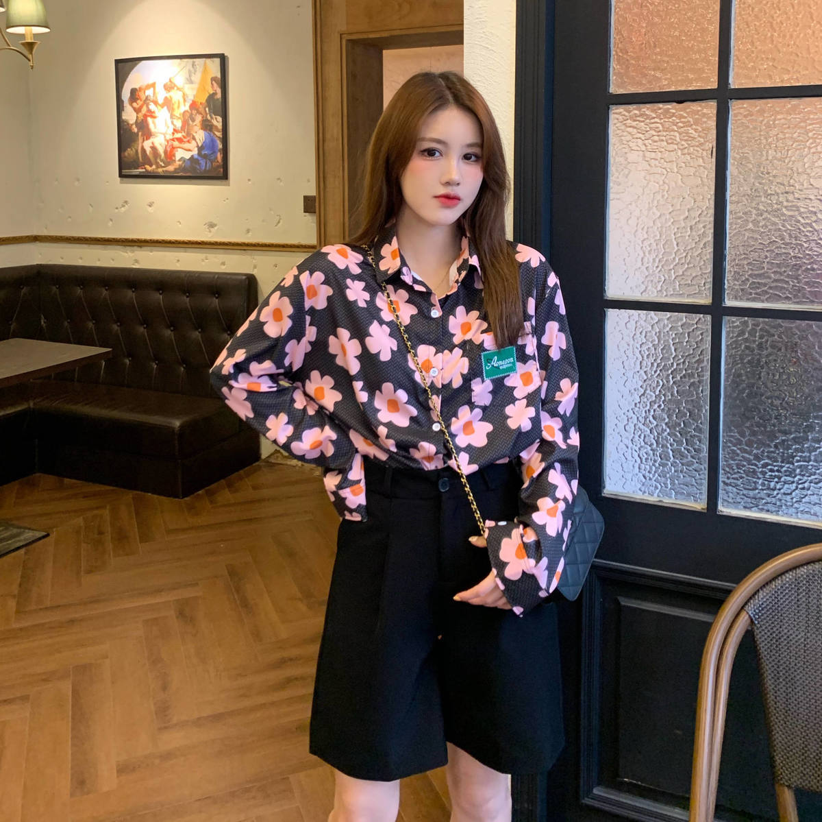 Button-Down Blouse With Floral Print And Turn-Down Collar