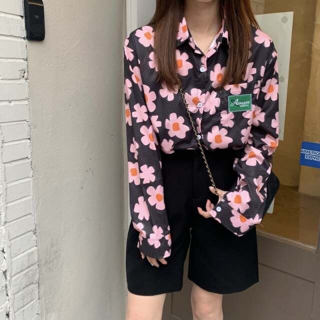 Button-Down Blouse With Floral Print And Turn-Down Collar