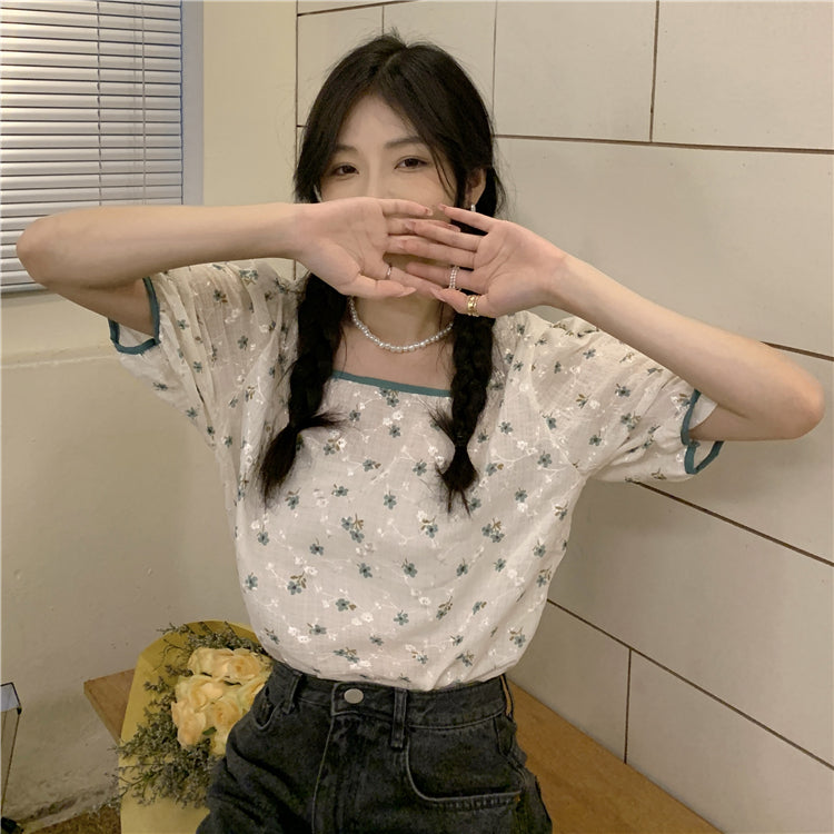 Shortsleeved Floral Blouse With Square Neck