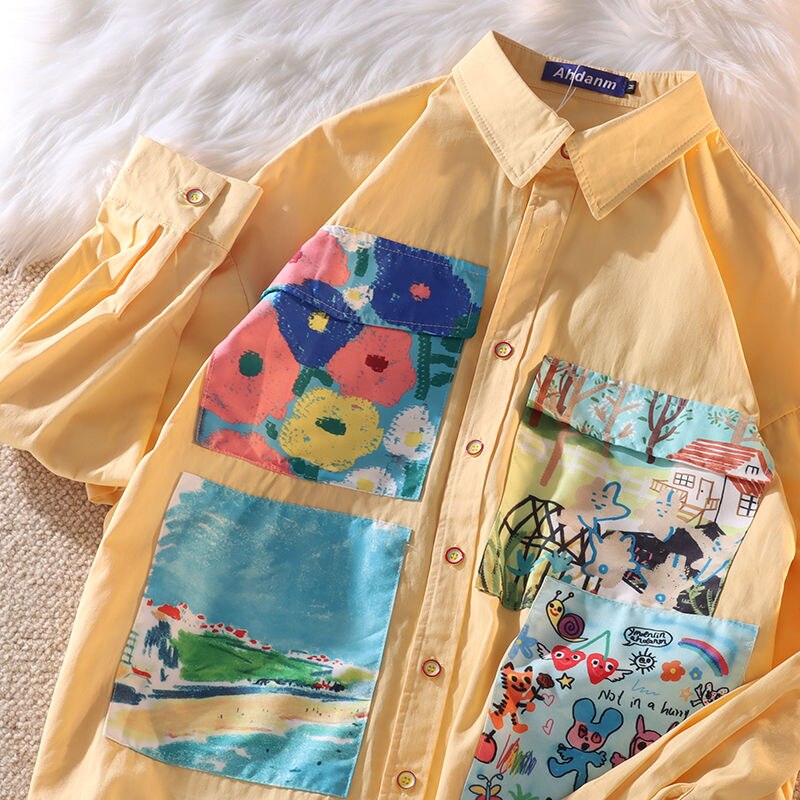Button-Down Blouse With Colorful Pockets