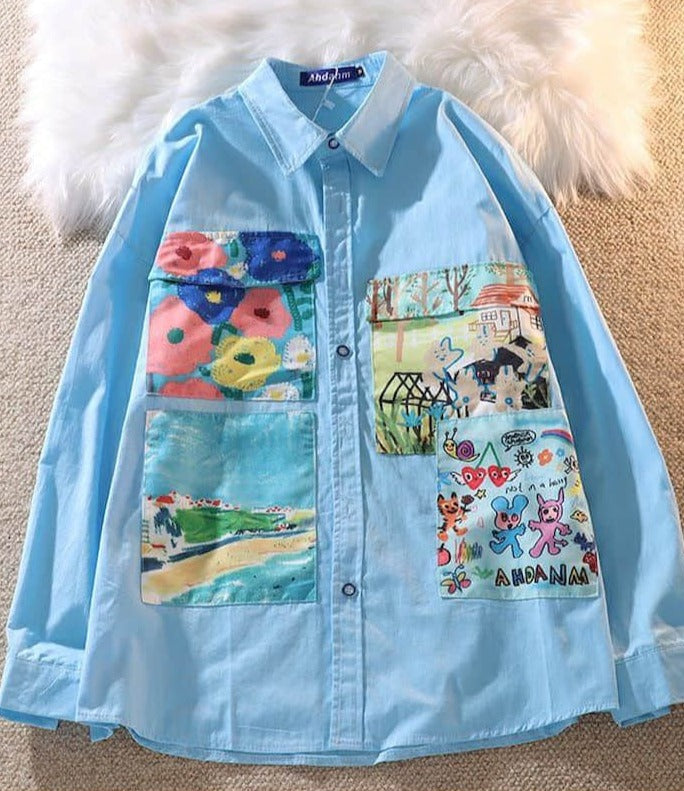 Button-Down Blouse With Colorful Pockets