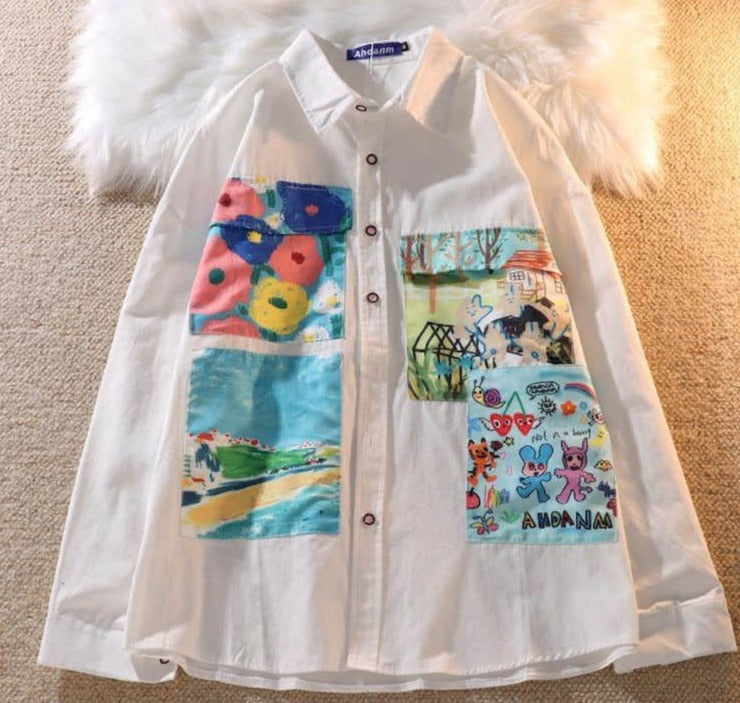 Button-Down Blouse With Colorful Pockets